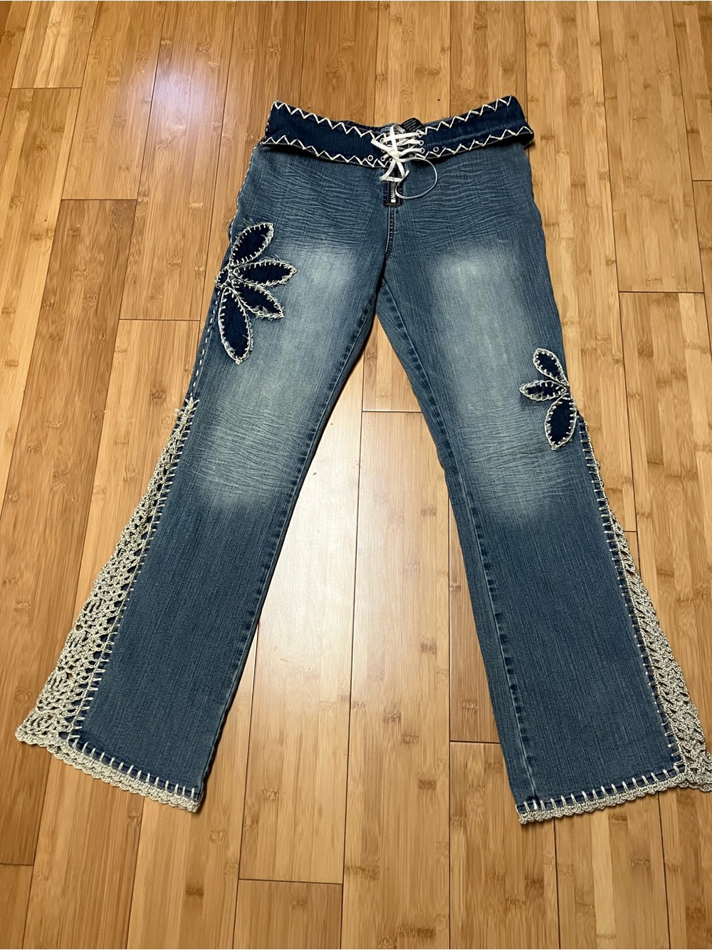 Crest Blue Denim vintage Flare Jeans with Crochet Insets